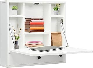 CASART Wall Mounted Computer Desk, 2-in-1 Drop-leaf Table Wall Cabinet with Storage Shelves & Drawer, Floating Laptop Desk Folding Table for Home Office Bedroom Kitchen (60x15x57cm, Black)