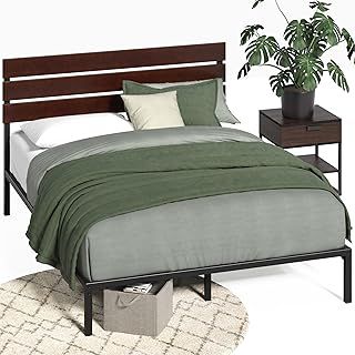 Zinus Figari King size Bed frame - Bed 150x200 cm - 31 cm Height with Underbed storage - Sustainable Bamboo and Metal Platform Bed frame with Slatted Headboard - Brown and Black
