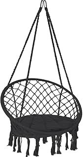 VOUNOT Swing Chair with Round Seat Cushion, Macrame Hammock Hanging Chair for Indoor, Outdoor, Black