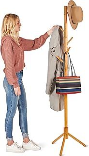 High-Grade Wooden Tree Coat Rack Stand, 6 Hooks, Super Easy Assembly NO Tools Required, 3 Adjustable Sizes Free Standing Hallway Coat Hanger Hat Stand, for Handbag Clothes & Accessories - Natural Wood