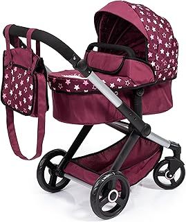 Bayer Design 17023AA Combi dolls pram Xeo, stroller, height-adjustable handle, convertible, bag, Bordeaux, Pink