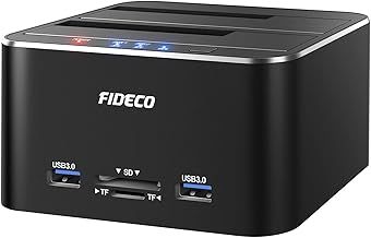 FIDECO Hard Drive Docking Station, USB 3.0 Aluminum Hard Disk Docking Station for 2.5 and 3.5 inch SATA HDD or SSD, TF and SD Card Reader and 2 USB 3.0 Ports, Support Offline Clone