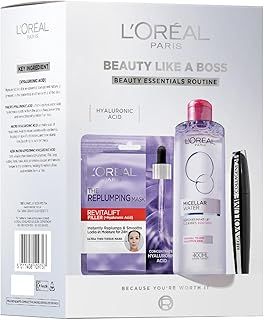 L'Oréal Paris Beauty Like A Boss Gift Set - Revitalift Filler Hyaluronic Acid Mask, Micellar Water & Mega Volume Mascara Brush