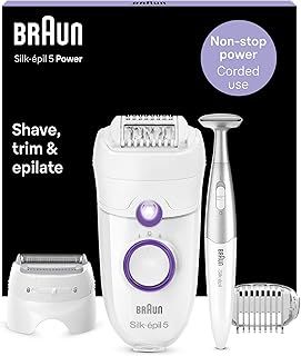 Braun Silk-épil 5 Power Epilator For Hair Removal with Electric Shaver Head & Bikini Trimmer, Corded Epilator with 28 Tweezers, Gifts for Women, 5-825, White/Purple