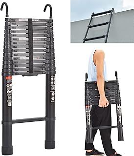 BRIEFNESS 6.2M Telescopic Ladder with Detachable Hook Aluminum Ladder Heavy Duty Extendable Ladder Multi Purpose Ladder 330lbs Capacity EN131 Safety Approved, Black