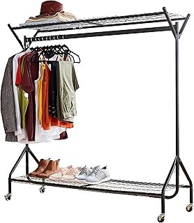 House of Home Super Heavy Duty Metal Clothes Rail with Wheels - 1 Tier Rail Wardrobe Replacement - Hanging Clothing & Shoe Rack - Storage & Organiser for Shirts, Coats, Hat & Shoes - Black, 4ft x 5ft
