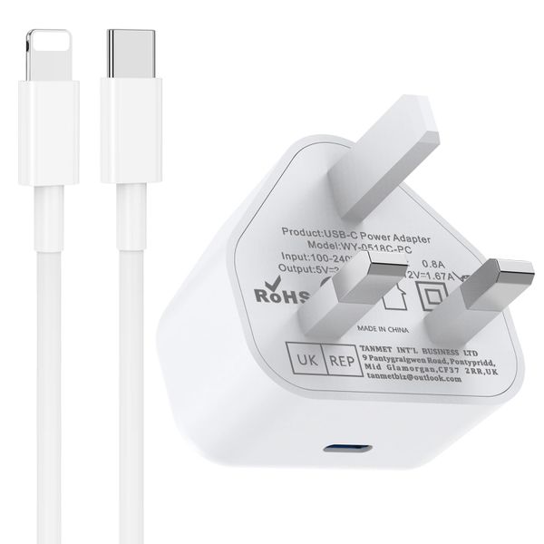 iPhone Apple Lightning Charger i Phonefast Fast Charging Cable and Plug UK 20W USB C Charge for iPhone 14 Plus 14 Pro Max 13 12 11 Pro Max XS XR 8,iPad 7th 8th 9th 2021,1M Rapid C to PD Lead and Plug