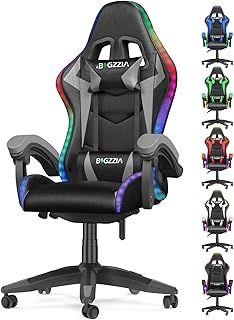 bigzzia Gaming Chair with RGB Computer Chair with Light Reclining PU Leather Video Game Chair with Headrest Adjustable Lumbar Support (Black/Grey)