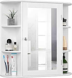 COSTWAY Bathroom Mirror Cabinet, Single Door Wall Mounted Storage Cupboard with Adjustable Shelves, Home Office Living Room Display Organiser Unit (White, 65 x 17 x 64cm)