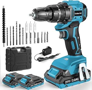LEEIKOO Cordless Drill Driver 21V, Brushless Cordless Hammer Drill with 2 Batteries 2000mAh, 20+3 Torque, 45N.m Max Combi Drills, LED Light, 2 Speed, 14PCS for Home and Garden DIY Project