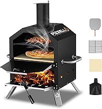 Pizzello Outdoor Pizza Oven Wood Fired 2-Layer Pizza Ovens 12" Outside Pizza Maker with Stone, Pizza Peel, Cover,Removable Cooking Rack for Camping Backyard BBQ (Black)