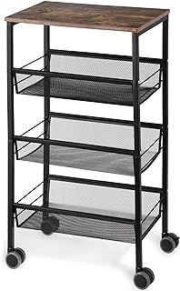 LIANTRAL 4-Tier Storage Trolley, Kitchen Storage Wagon with Lockable Wheels, Metal Mesh Pantry Cart, Wood Look Top and Metal Frame