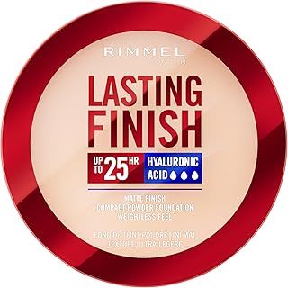 Rimmel Lasting Finish 25 HR Compact Foundation 001 Fair Porcelain, Matte Buildable Coverage, Powder-to-Cream, Anti-Pollution Shields, SPF 20, Hyaluronic Acid, Waterproof, Hides Imperfections