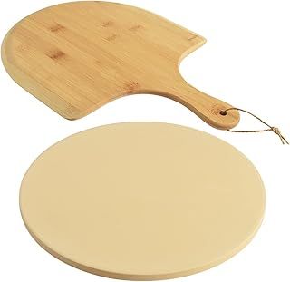 homEdge Pizza Stone Set, Heavy Duty Round Cordierite Baking Stone for Bread, Pizza, Thermal Shock Resistant Cooking Stone with Bamboo Pizza Peel Paddle-30cm (Diameter)
