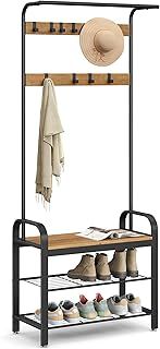 VASAGLE Coat Rack, Coat Stand with Shoe Storage Bench, 4-in-1 Design, with 9 Removable Hooks, a Clothes Rail, for Hallway, Entrance, 34 x 72 x 183 cm, Industrial, Rustic Walnut and Black HSR040B41