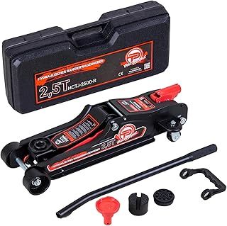 Hydraulic car trolley jack 2.5 tons, flat version (80mm - 360mm) low profile, including carrying case, SUV adapter & 2 rubber pads, 360° wheels, Lift grage for sport cars, Van & SUV (red)