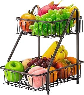 Lekind 2 Tier Fruit Rack With Banana Hanger, Kitchen Countertop Basket and Vegetables Storage Rack, Metal, Keeps Produce Fresh, Bronze