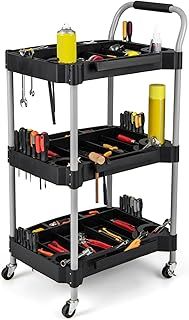 TANGZON 3 Layer Tool Cart, Mobile Rolling Trolley with PP Shelves, Sponged Handle & Swivel Wheel, Large Capacity Utility Tool Organizer(with Multiple Classification Design, 60 x 45 x 107 cm)