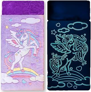 Unicorn Sleeping Bag for Kids – Glow in The Dark Kids Sleeping Bags Make Fun Unicorn Gifts for Girls. Perfect for Sleepovers, Camping, Plush Nap Mat for Preschool, with Pillow Pocket, 8+ Hour Glow