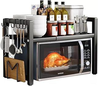 2-Tier Expandable Microwave Oven Rack Countertop for Kitchen, Microwave Shelf Stand Metal with 6 Hooks, Baker Rack, Adjustable Kitchen Shelf Organizer Black (Black, 2-Tier)