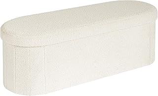 Folding Ottoman Storage Bench,Boucle Footstool Oval, End of Bed Stool, Ideal for Living Room, Bedroom, 100L Storage Space,White