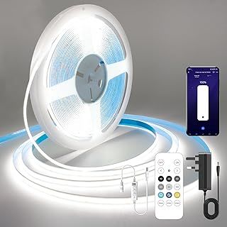 COB LED Strip 10M,Dimmable Dotless LED Strip Lights with Smart App and Remote,24V Cool White 6000K with Power Supply,8mm Wide,CRI>90 LED Lights for Indoor Room,Kitchen,cabinets,Mirrors