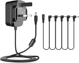 TKDY 9V Guitar Effects Pedal Power Supply Adapter,9 Volt 1.5A 1A Wall Charger Tip Negative 5.5 * 2.1mm with 5 Way Daisy Chain Cables