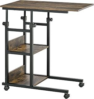 HOMCOM C-Shaped Side Table Industrial Mobile Rolling End Desk with 3-Tier Storage Shelving, Adjustable Height, Wheels