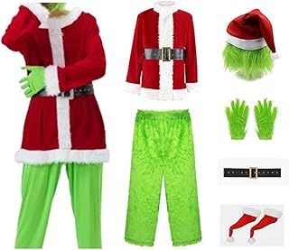 Aunaeyw Christmas Green Santa Costume Set for Adults Kids Deluxe Furry Fancy Dress Outfit Halloween Xmas Funny Cosplay Costume Props