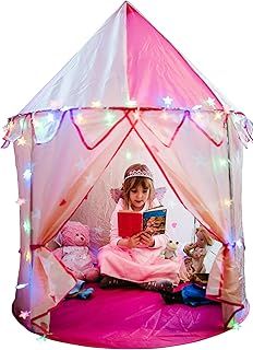 Princess Play Tent; Multi-Coloured Star Lights & Toy Rainbow Frog. Compact Size 105cm wide Pop up Tent for Kids. Princess Toys Kids Tent for 3 4 5 6 7 Year Old Girls Tents
