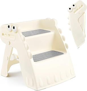 Onasti Toddler Step Stool Foldable Toddler Step Kids Step Stool 2 Step Stool for Kids, Toddler Stool Non-Slip Toddler Toilet Step for Bathroom Kitchen Counter with Cute Dinosaur Design(White)