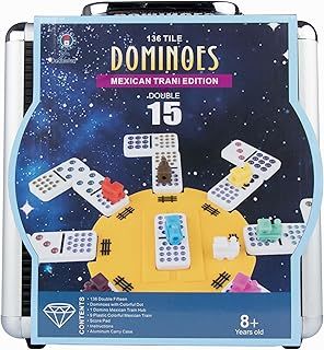 Mexican Train dominoes,Double Fifteen Dominoes Set For Adults, Aluminum Box, Coloured Dots,136 Domino Pieces (2-10 players)
