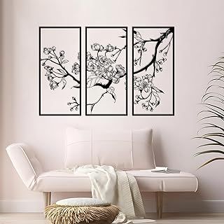 ruelen 3 Pcs Metal Flower Wall Decor, Modern Minimalist Floral Wall Decor Above the Bed, Abstract Floral Line Room Hanging Wall Sculpture for Kitchen Garden Living Room Bathroom Office (Black)