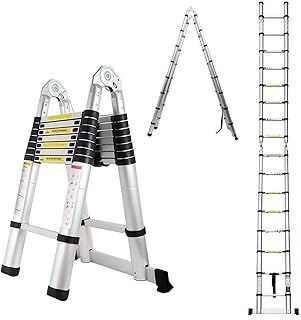 5M / 2.5M+ 2.5M Foldable Ladders A Frame Aluminium Extendable Extension 16 Steps150kg Max. Capacity Multipurpose Climb Ladder Portable Loft Attic for Business Home Work DIY Builder