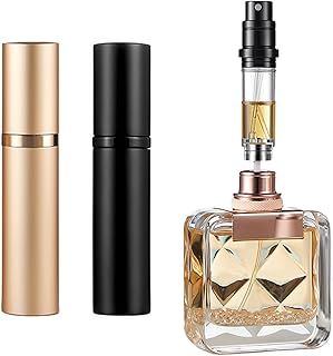Vinuwu Refillable Perfume Atomiser 2 Pack 5ml, Mini Travel Aftershave Dispenser, Small Perfume Spray Bottle, Pocket Size Bottom Filling Perfume Dispenser for Women and Men (Black+Gold)