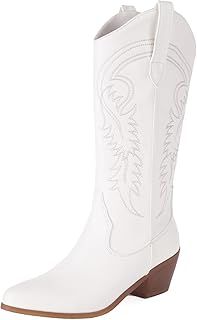 Wetsern Cowboy Boots Embroidered Mid Calf Boots Pull on