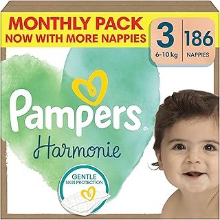 Pampers Harmonie Nappies Size 3, 186 Nappies, 6kg-10kg, Monthly Pack, Gentle Skin Protection with 100 Percent Pampers Protection