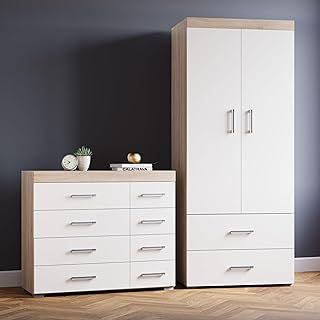 White & Sonoma Oak 2 Piece Bedroom Furniture Set, 4 Drawers Chest, 1 Drawer Bedside Table, Ample Storage, Elegant Décor, Ideal for Bedroom Organisation, Quality Bedroom Set…