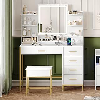 Hzuaneri Dressing Table, Vanity Makeup Table with Soft Stool, HD Mirror and Adjustable LED Lights, Socket and USB, 5 Drawers, Open Storage Compartment, Modern Style, White-Gold, DT351HDTUK