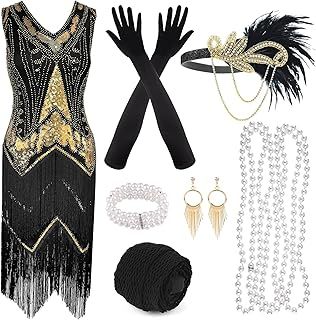 PLULON 1920s Flapper Fringed Sequin Dress with 20s Accessories Set V Neck Gatsby Dress with Flapper Feather Headpiece Long Gloves Necklace Gold Earrings for Women