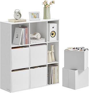 SONGMICS HOME Superfast Toolless Assembly, Bookshelf, Cube Storage, Cube Bookcase Unit, 9 Compartments, 6 Fabric Drawers, 27 x 83 x 91.8 cm, Snow White LBC199W01