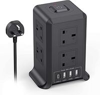 Tower Extension Lead with USB Slots, 8 Way Multi Plug Extension Tower & 4 USB Ports，Surge Protected Extension Lead with Switch, 2M Extension Cable,Tower Extension Cord for Home, Office Black