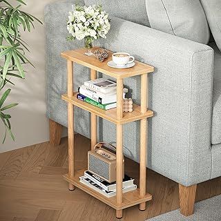 APICIZON Narrow Side Table, Slim Small Table, 3 Tier End Table Living Room, 40x18x61.5cm, Modern Thin Side Table for Living Room, Bedroom, Sofa, Small Nightstand with Magazine Rack, Save Space, Nature