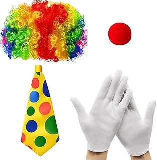 4 Pcs Clown Costume Set, Clown Nose Clown Wig Clown White Gloves Clown Bow Tie, Rainbow Wig, for Halloween Cosplay Theme Party for Adults Kids Carnival Cosplay Pretend Play Circus Party Props