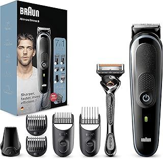 Braun 7-in-1 All-In-One Series 3, Male Grooming Kit With Beard Trimmer, Hair Clippers, Gillette Razor & Precision Trimmer, 5 Attachments, Gifts For Men, UK 2 Pin Plug, MGK3245, Black/Blue Razor