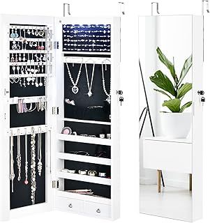 CASART 2 in 1 Jewellery Cabinet, Lockable Jewelry Armoire Organizer with LED Lights & Full Length Mirror, Cosmetic Makeup Cabinet for Living Room Dressing Room (White)