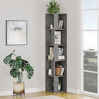 HOCUS PICUS 5 Tier Corner Bookcase with Many Colour Options, 31.4 x 31.4 x 158.9 cm, Living Room Furniture, Easy to Assemble, Book Storage, Display Unit (Retro Grey)
