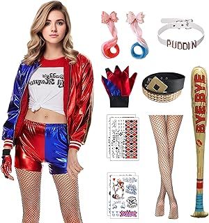 Quinn Costume Suit, Villain Fancy Dress Halloween Costume Jester Outfit with Jacket T-shirt Shorts Glove Wig Belt Stocking Balloon Tattoo, World Book Day Costumes for Girls Women