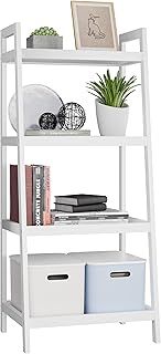SMIBUY Ladder Shelf, 4 Tier Bamboo Bookshelf, Bathroom Storage Organizer Plant Display Stand, Freestanding Open Shelving Unit with Handles for Home Office (White)