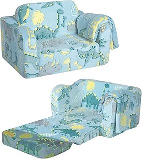 MeMoreCool Kids Couch Sofa, Folding Toddler Chair Bed, Soft Plush Fold Out Kids Armchair Sofa Glow in The Dark, Comfy Baby Recliner for Girls Boys, Glowing Dinosaur, Blue
